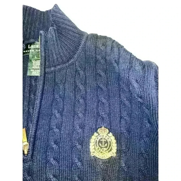 Ladies RALPH LAUREN L Navy Blue 100% Cotton Cable Knit Zip Neck Sweater Washable - Picture 8 of 8